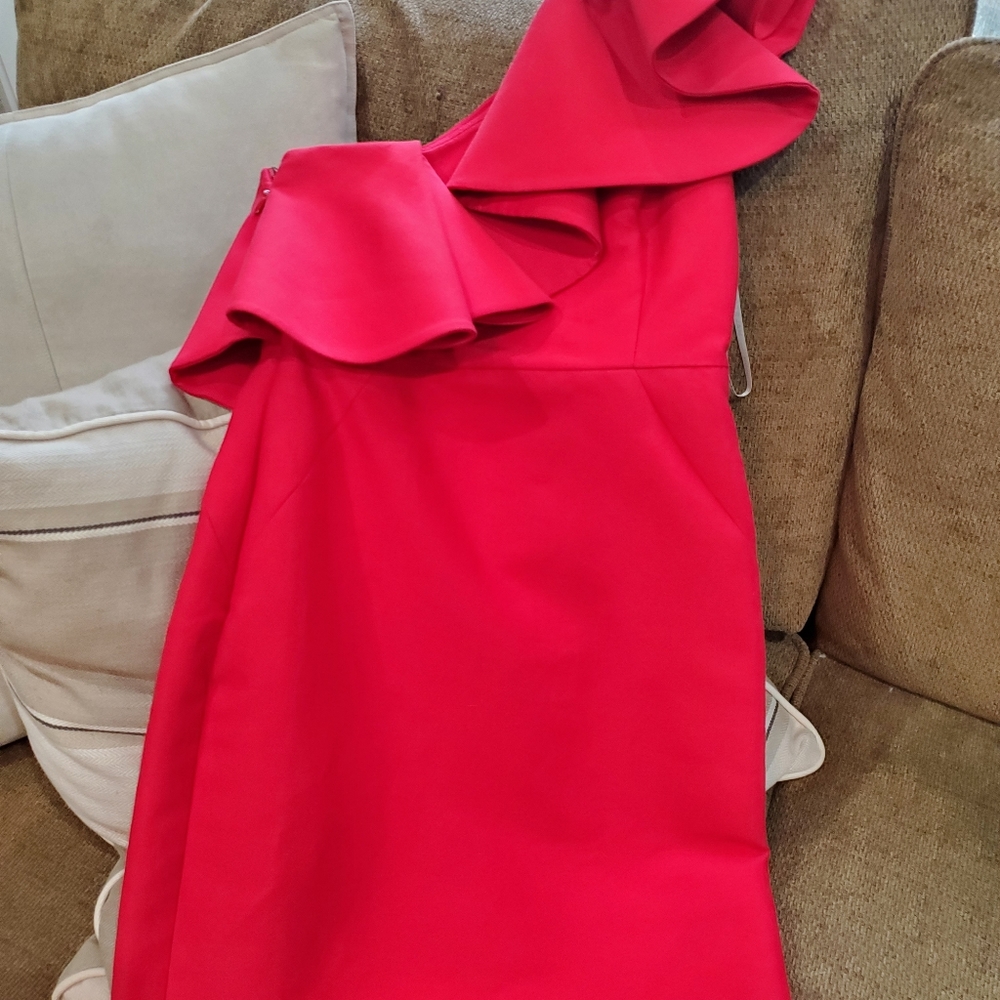 Halston Heritage One Shoulder Flounce Mini Dress 0